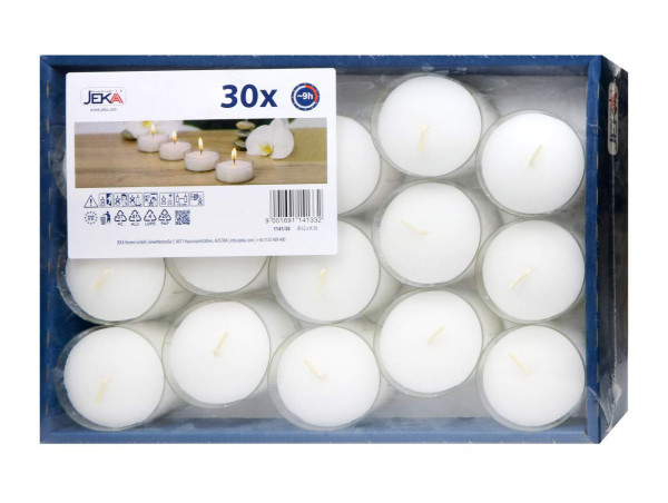 Maxi tea lights with clear PC casing in a tray of 30